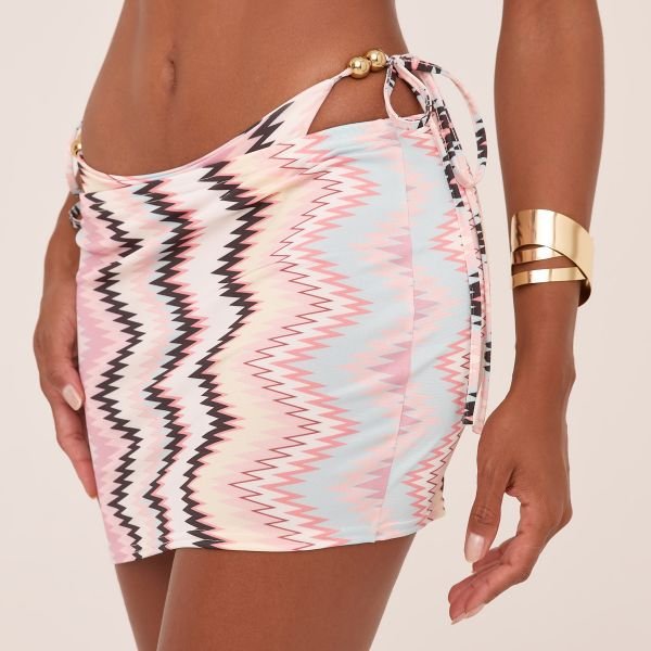 EGO Low Rise Mini Beach Skirt In Pink Zig Zag Print, Women's Size UK 6 - 2