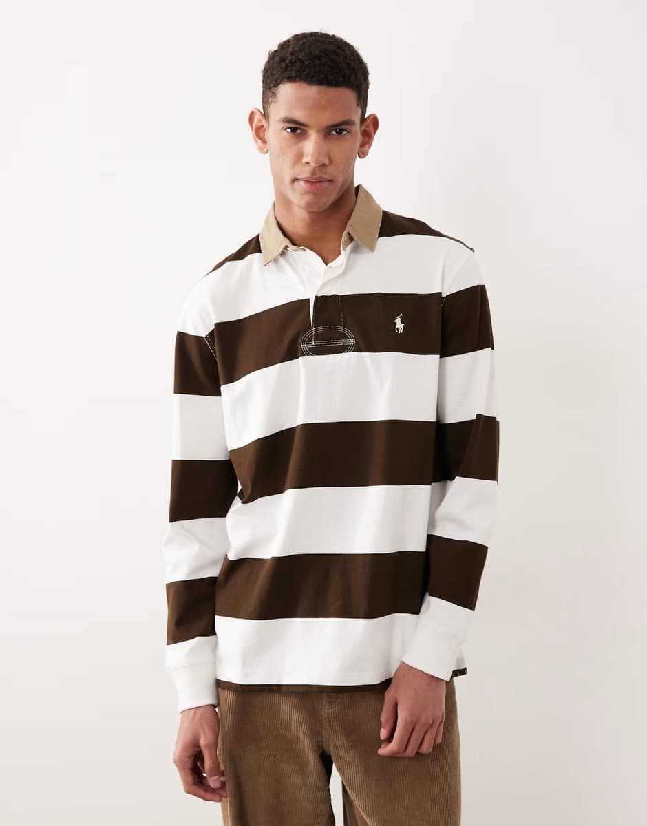 ASOS Polo Ralph Lauren icon logo block stripe rugby polo classic oversized fit in brown