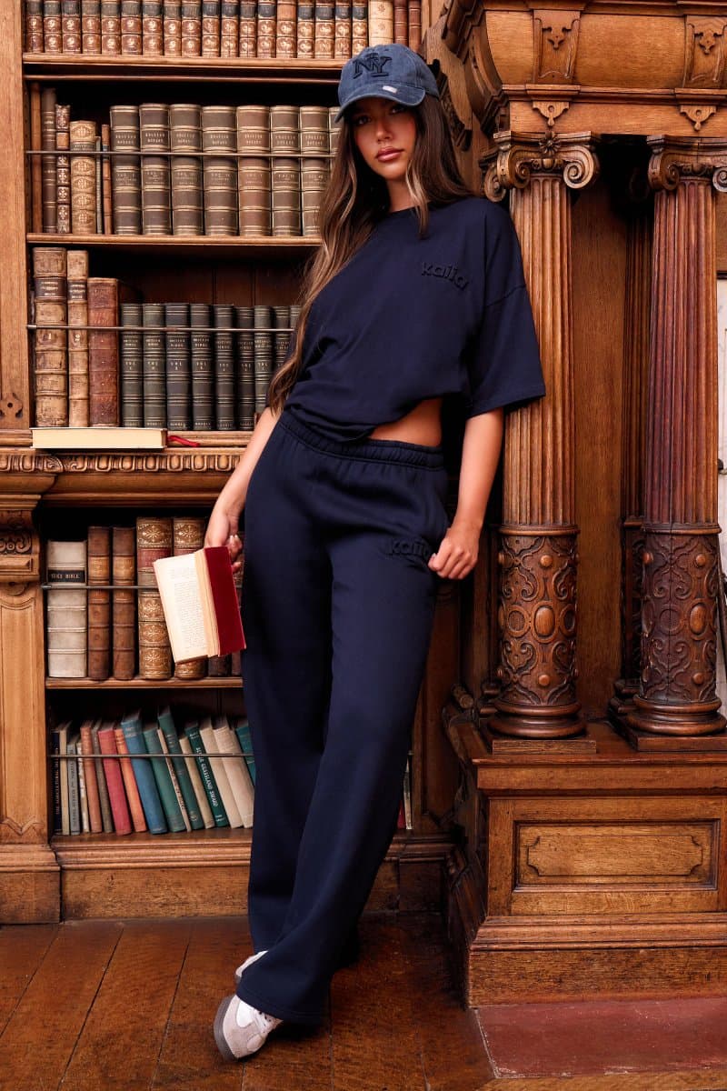 Kaiia Kaiia Navy Logo Embroidered Straight Wide Leg Joggers