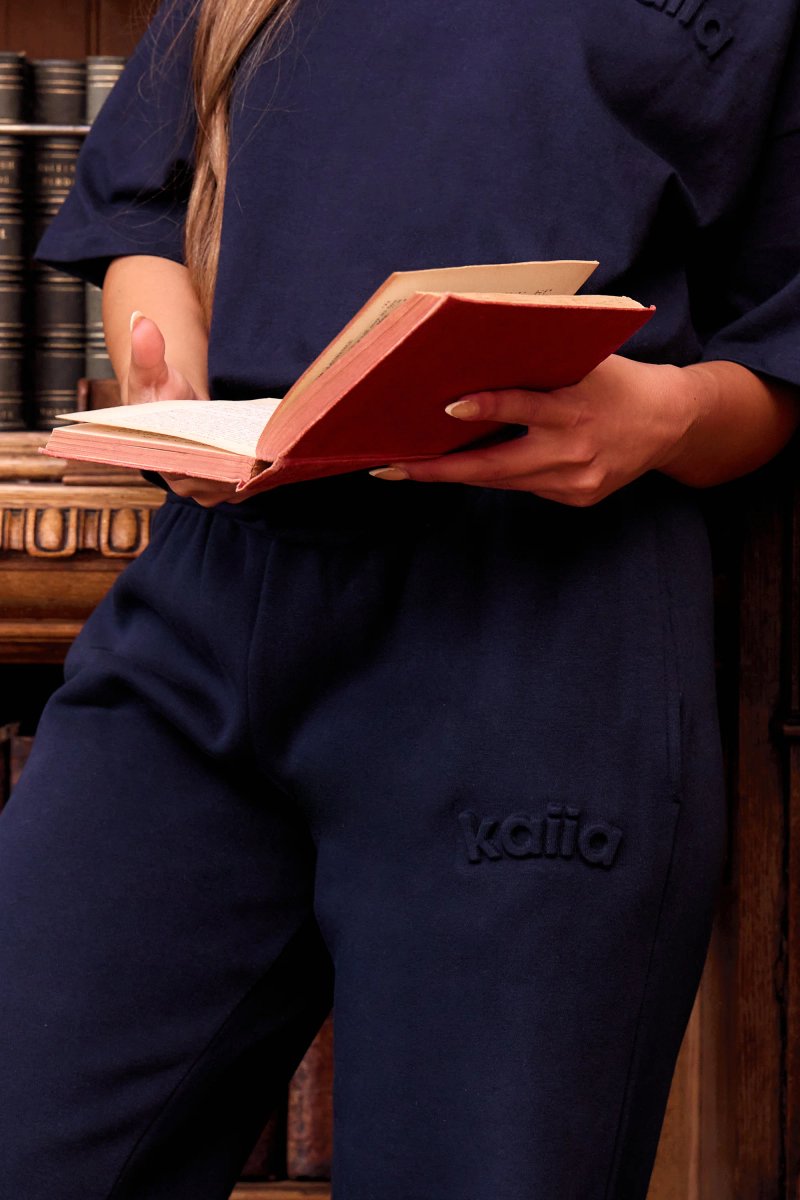 Kaiia Kaiia Embossed Logo Straight Wide Leg Joggers Navy - 2