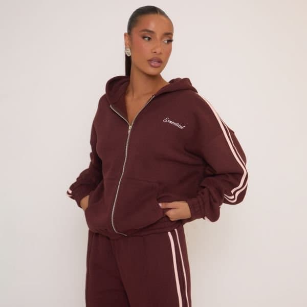 EGO Oversized Contrast Stripe Side Essential Graphic Zip Up Hoodie In Brown, Women's Size UK 4