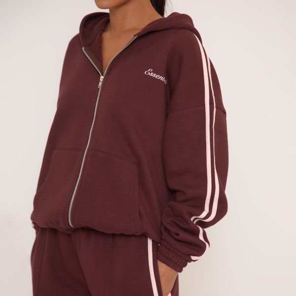 EGO Oversized Contrast Stripe Side Essential Graphic Zip Up Hoodie In Brown, Women's Size UK 4 - 2