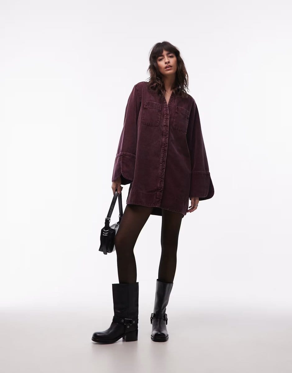 ASOS ASOS DESIGN cord mini shirt dress with wide cuffs and oversized pockets in mulberry - 1