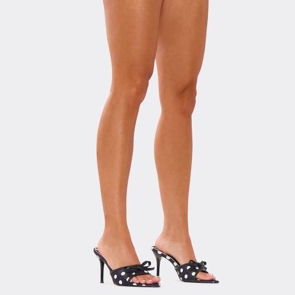 EGO Miles Bow Detail Peep Toe Stiletto Heel Mule In Black Polka Dot Print Satin, Women's Size UK 3 - 1