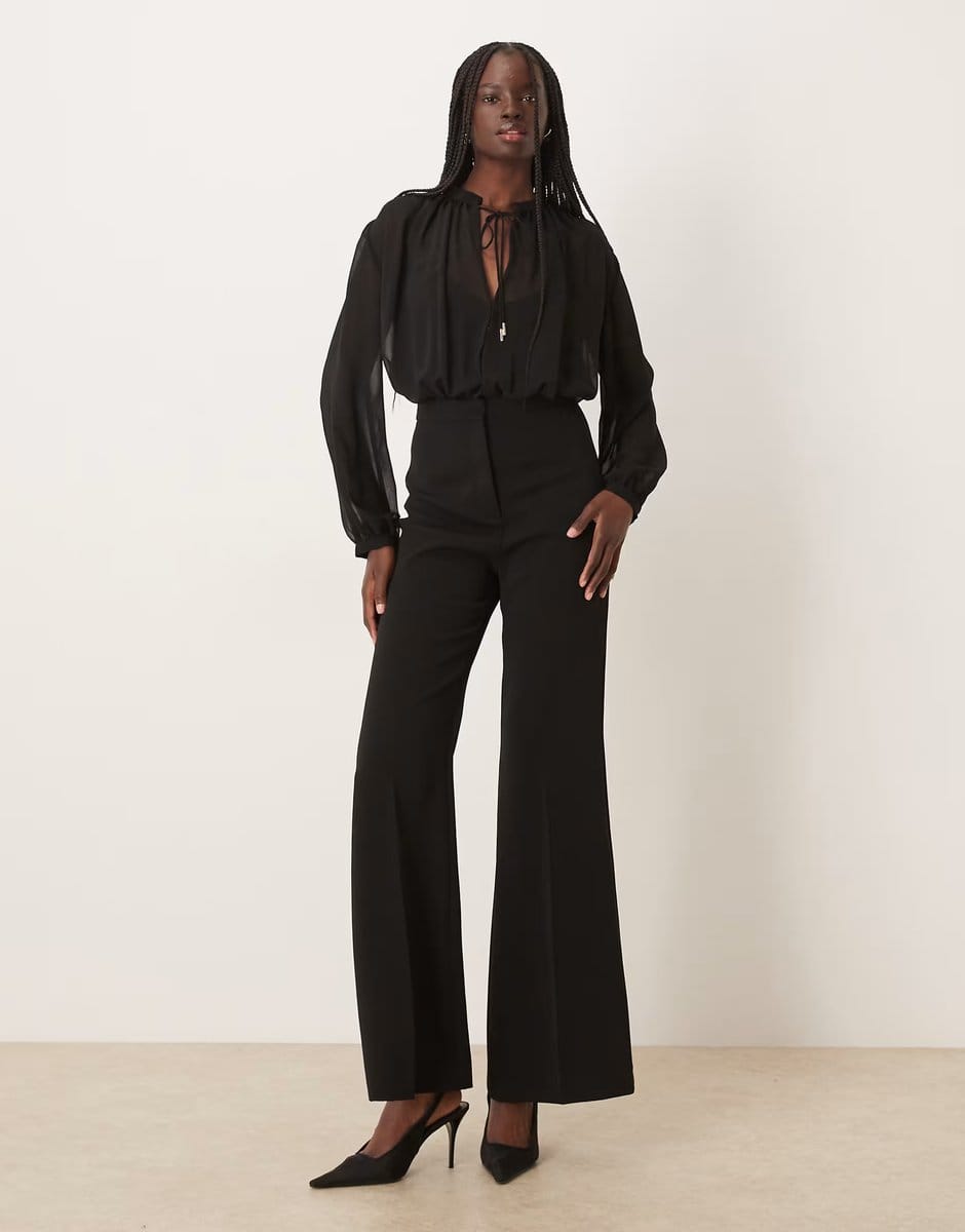 ASOS Mango ruched detail long sleeve jumpsuit in black - 1