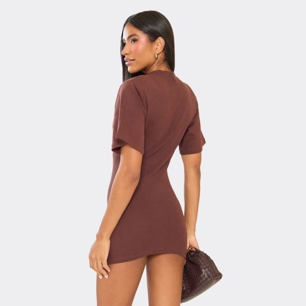 EGO Short Boxy Sleeve Shoulder Pads Seam Detail Sweat Mini Dress In Brown, Women's Size UK 6 - 2