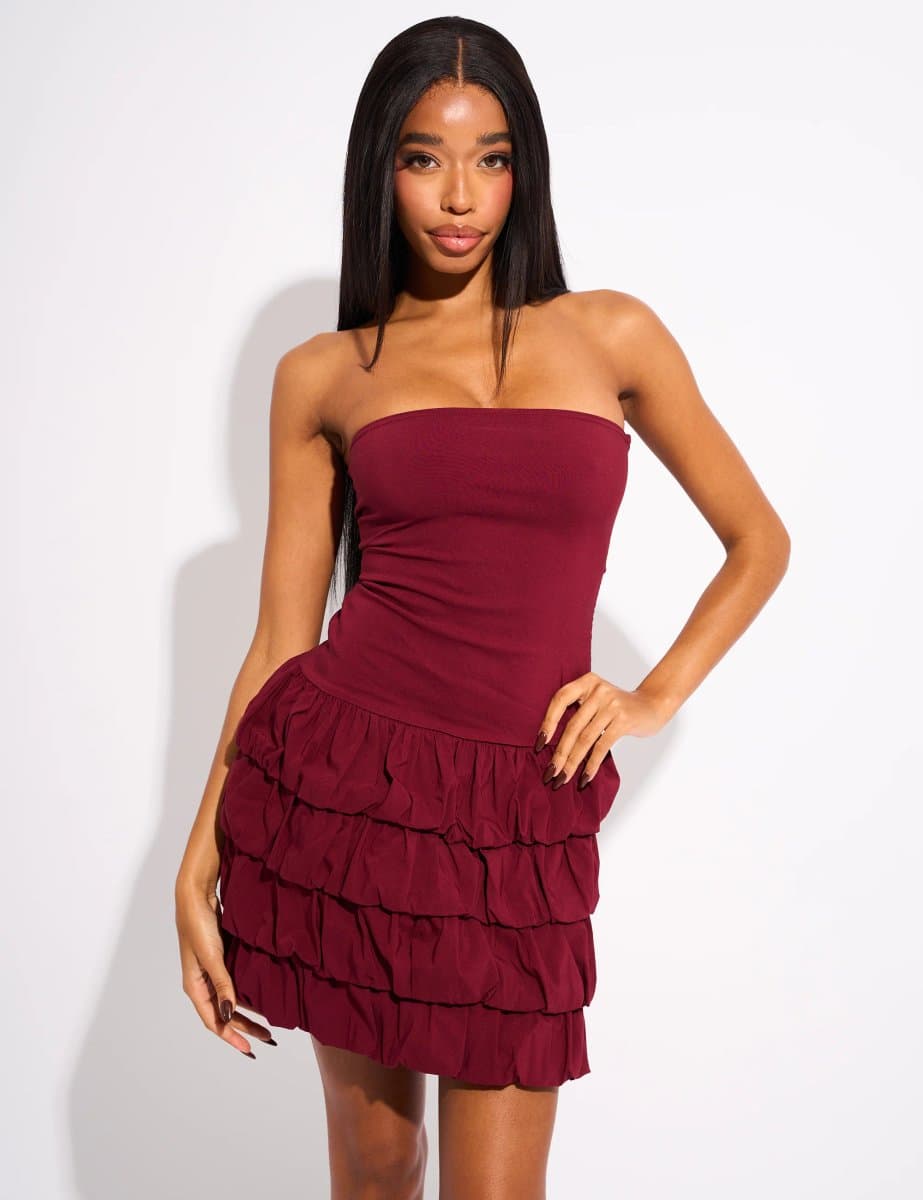Public Desire Bandeau Balloon Mini Dress Burgundy