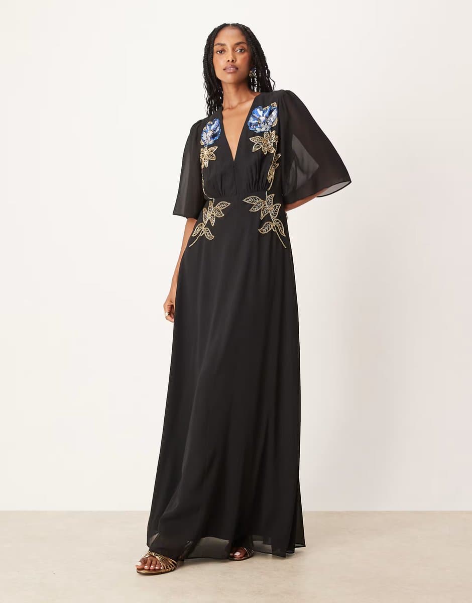 ASOS Hope & Ivy v-neck embellished maxi dress in black and gold