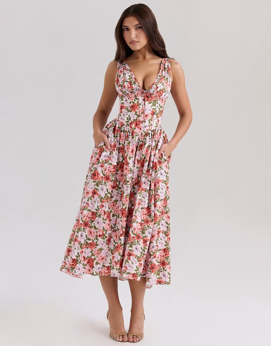 ASOS House of CB Emmelina print stretch cotton corset sundress in floral rose