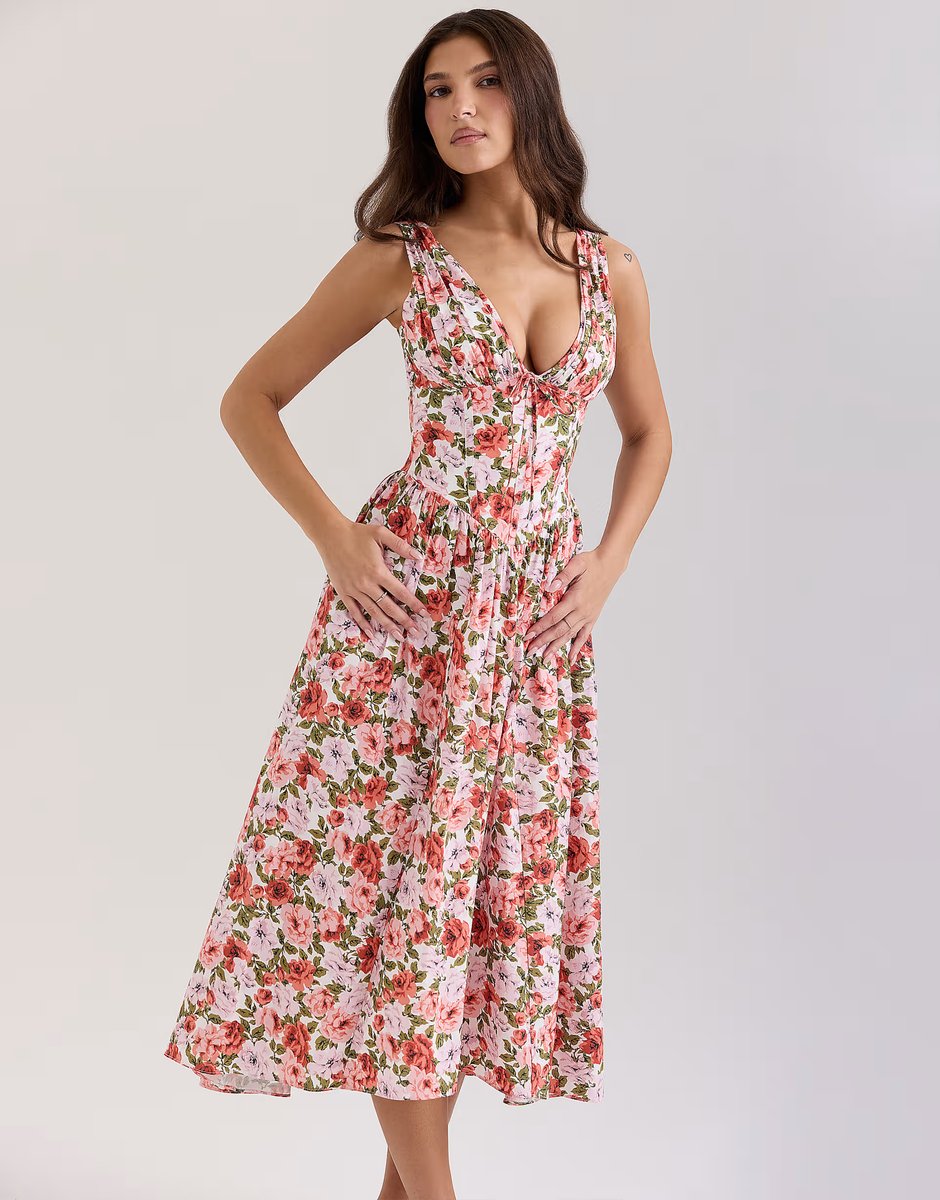 ASOS House of CB Emmelina print stretch cotton corset sundress in floral rose - 4