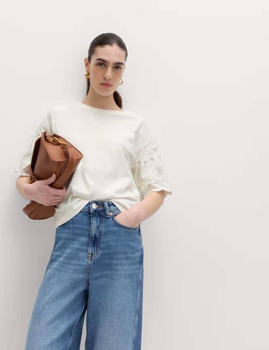 Marks & Spencer M&S Pure Cotton Broderie Boxy T-Shirt Soft White