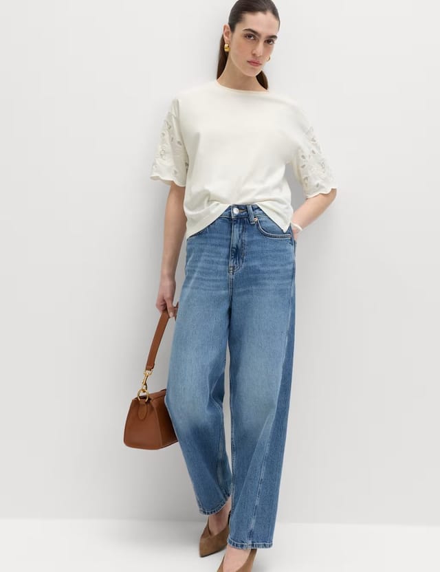 Marks & Spencer M&S Pure Cotton Broderie Boxy T-Shirt Soft White - 3