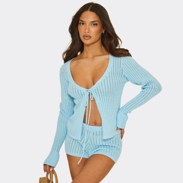 EGO Long Sleeve Tie Front Top In Blue Crochet Knit, Women's Size UK Large L