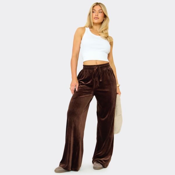 EGO Mid Rise Drawstring Side Stripe Velour Joggers In Chocolate Brown, Women's Size UK 6 - 2