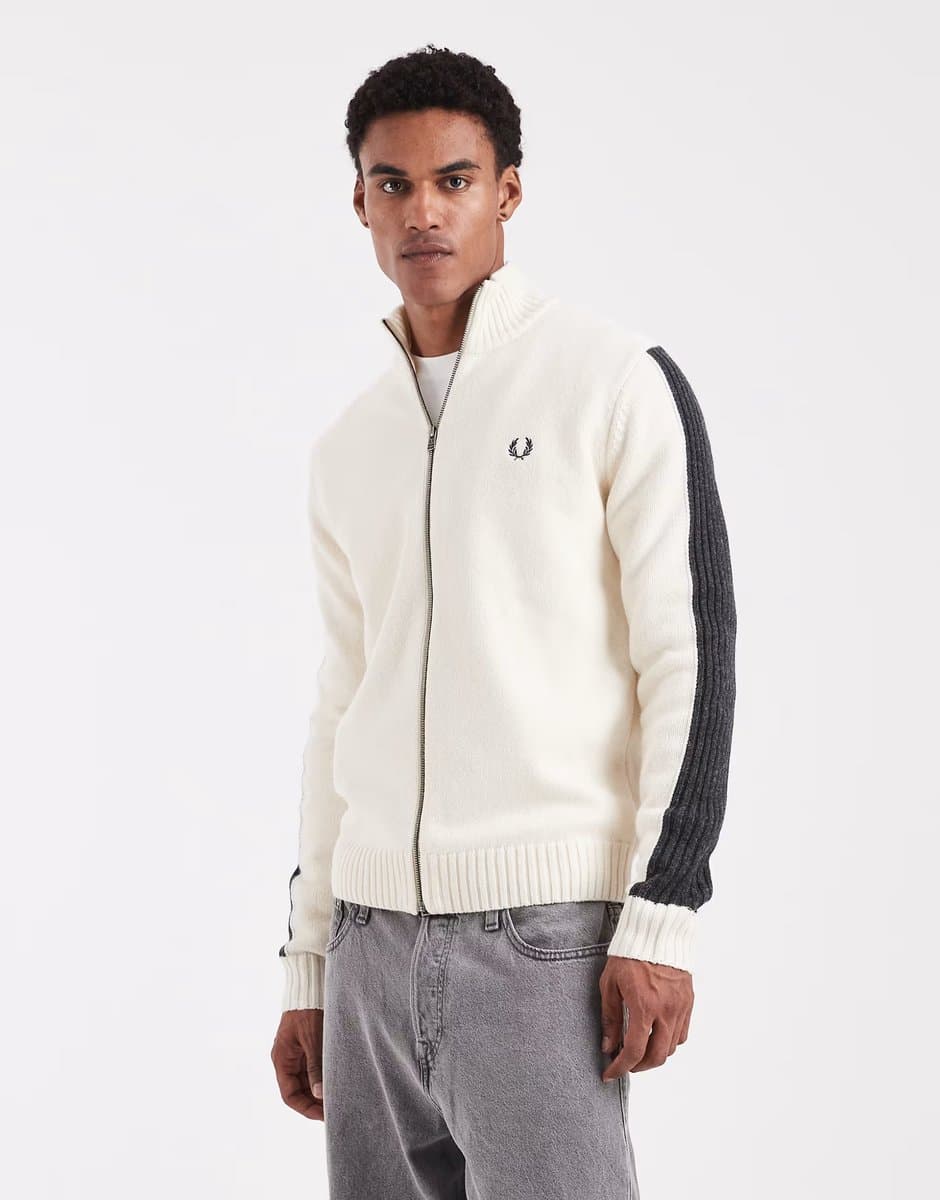 ASOS Fred Perry ribbed long sleeve zip through jumper in ecru
