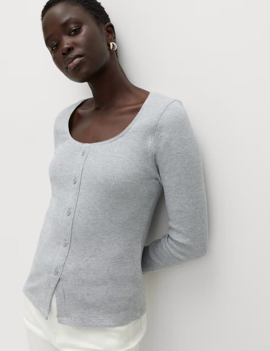 Marks & Spencer M&S Waffle Scoop Neck Top in Grey Marl