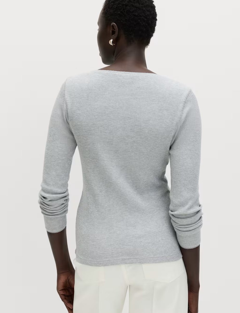 Marks & Spencer M&S Pure Cotton Waffle Scoop Neck Top Grey Marl - 3