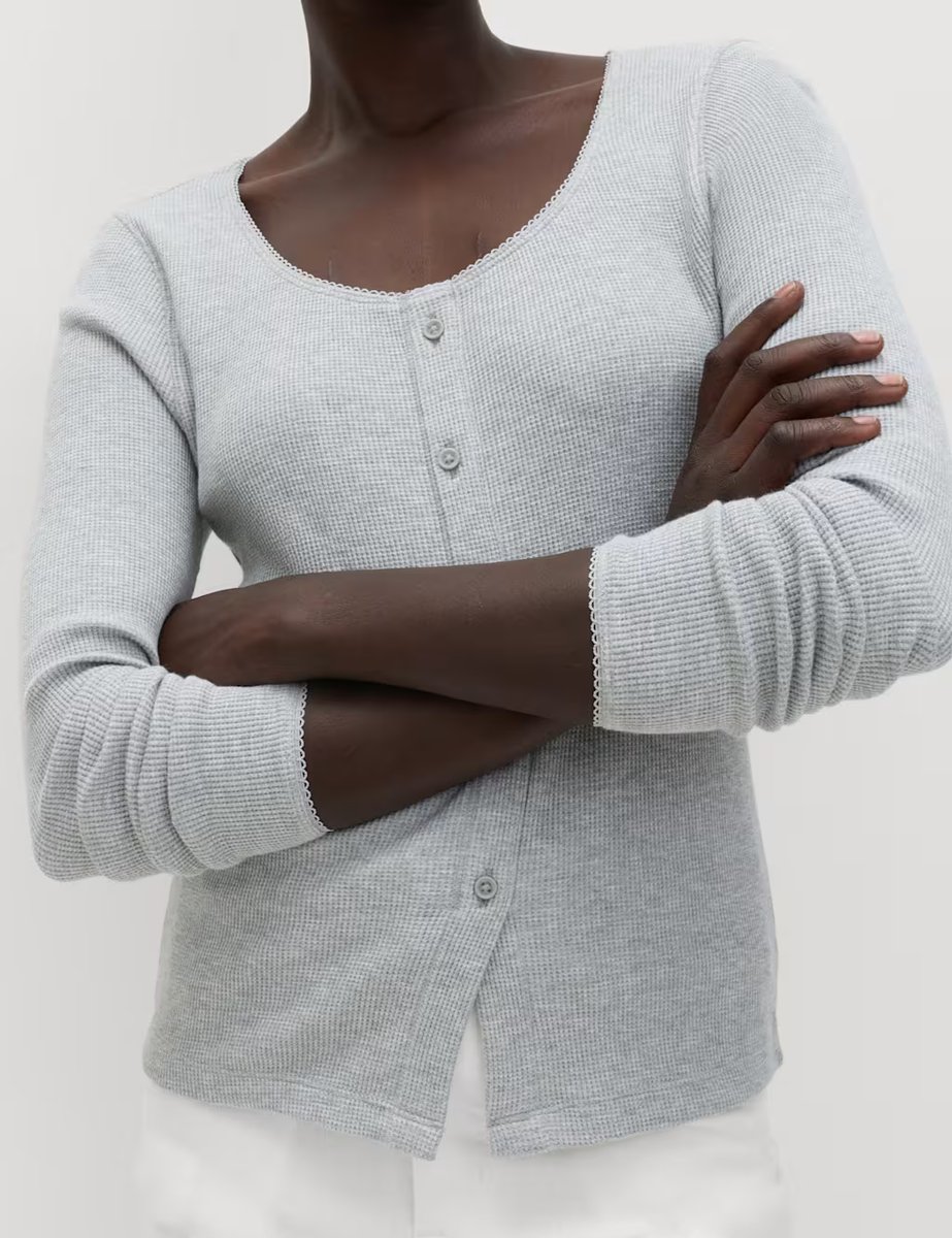 Marks & Spencer M&S Pure Cotton Waffle Scoop Neck Top Grey Marl - 4