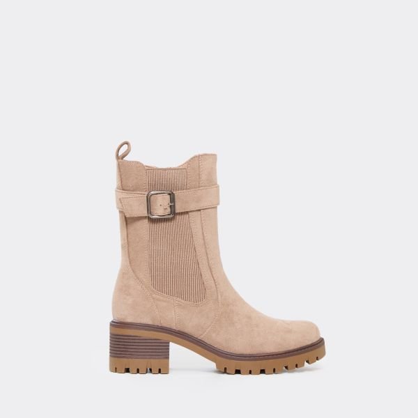 EGO Ieaun Side Buckle Detail Elasticated Ankle Boot In Taupe Faux Suede, Women's Size UK 3 - 1