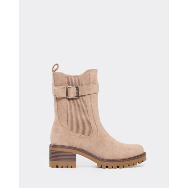 EGO Ieaun Side Buckle Detail Elasticated Ankle Boot In Taupe Faux Suede, Women's Size UK 3 - 2