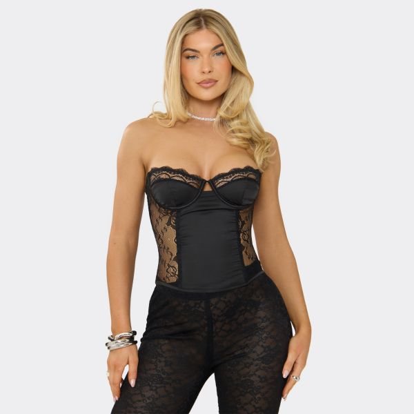 EGO SATIN UNDERWIRED LACE PANEL CORSET IN BLACK, Women's Size UK 6 - 2