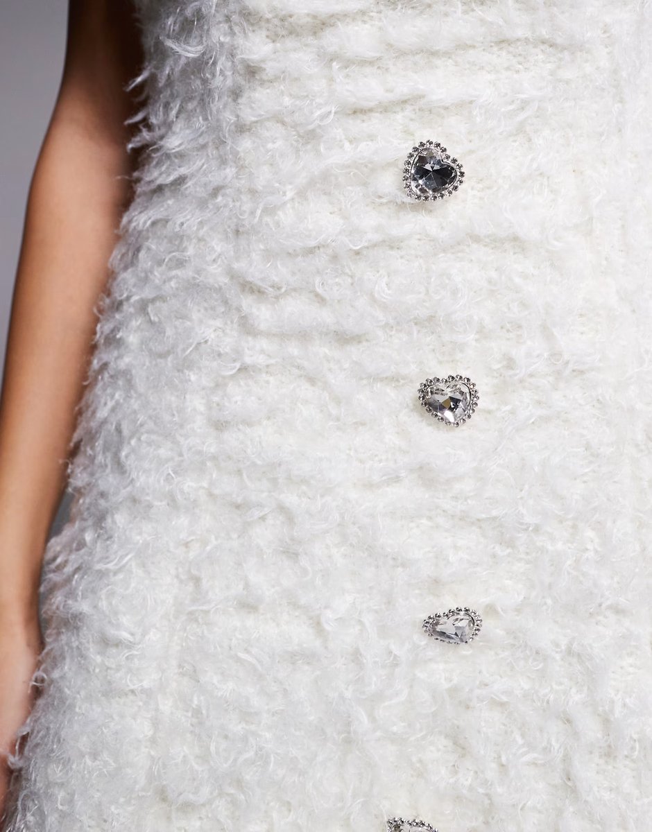ASOS ASOS LUXE co-ord knitted dress with feather trim and embellished buttons in white - 4