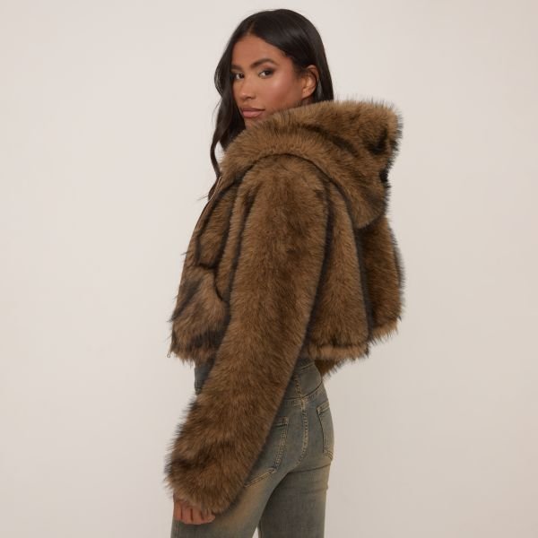 EGO Long Sleeve Zip Front Hooded Jacket In Brown Faux Fur, Women's Size UK 4 - 2