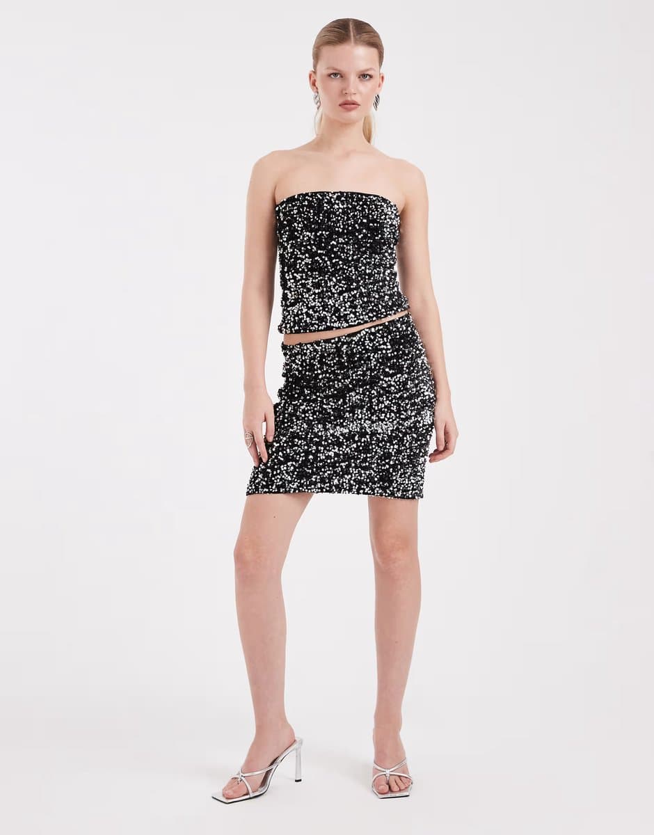 ASOS Vero Moda textured sequin bandeau top and mini skirt set in black and silver
