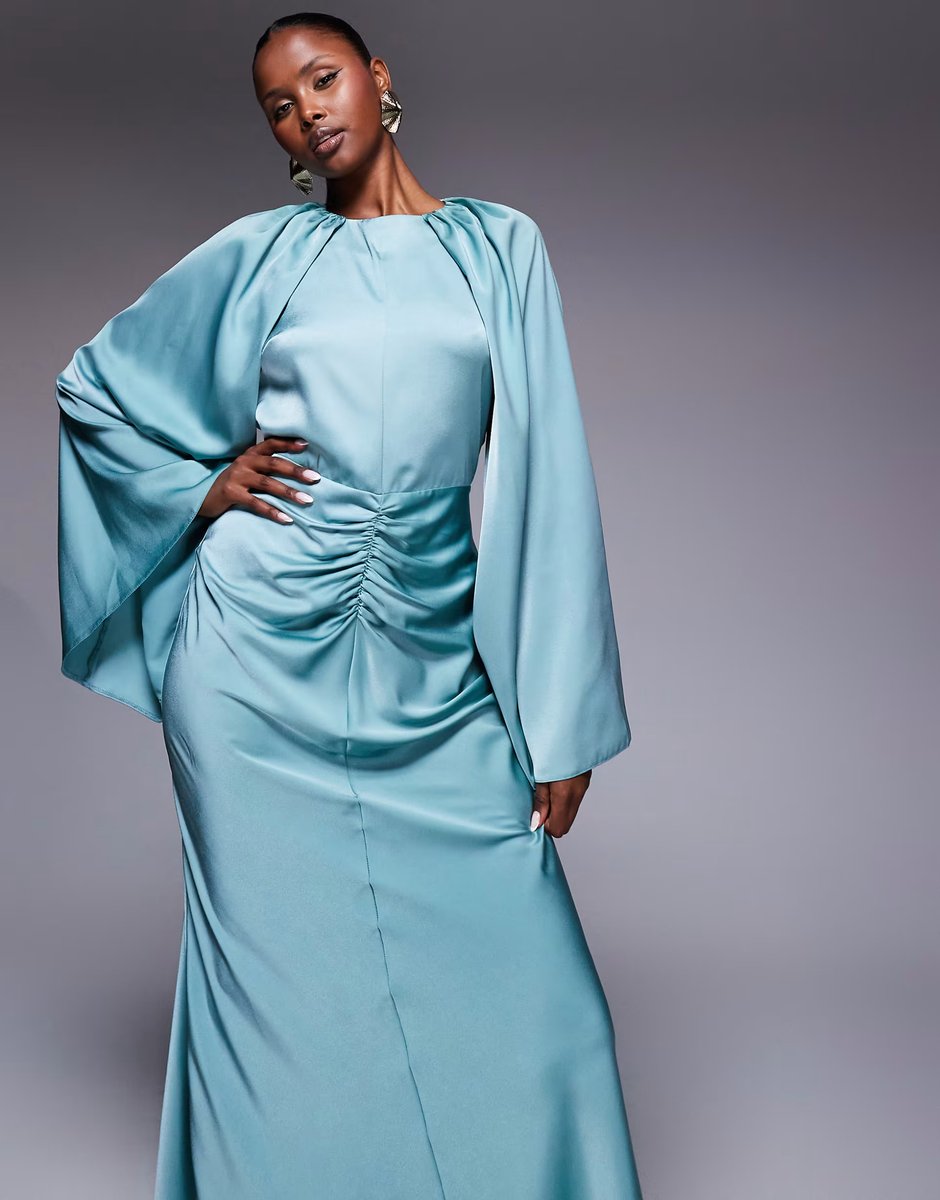 ASOS ASOS DESIGN satin long sleeve maxi dress with central ruched skirt in pale blue - 3