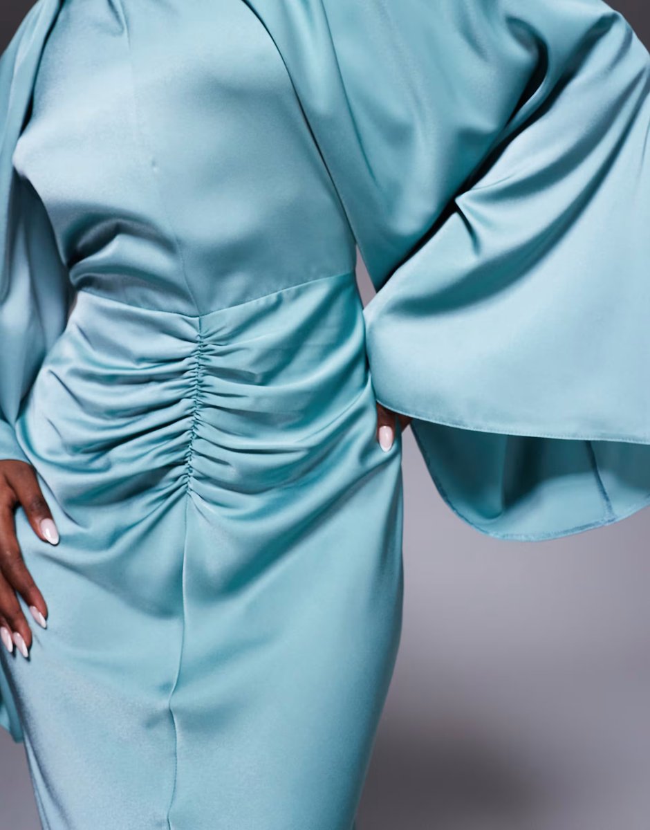 ASOS ASOS DESIGN satin long sleeve maxi dress with central ruched skirt in pale blue - 4