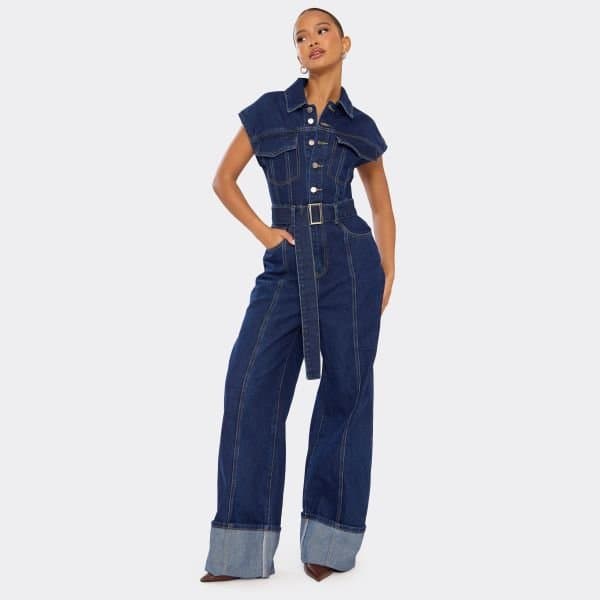 EGO Cap Sleeve Button Down Belted Detail Turn Up Hem Jumpsuit In Indigo Blue Denim, Women's Size UK 6
