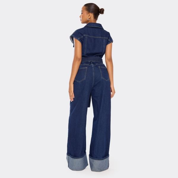 EGO Cap Sleeve Button Down Belted Detail Turn Up Hem Jumpsuit In Indigo Blue Denim, Women's Size UK 6 - 2
