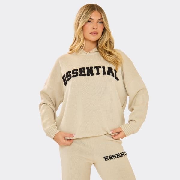 EGO Long Sleeve Fluffy Essential Logo Detail Oversized Hoodie In Stone Knit, Women's Size UK Medium M - 1