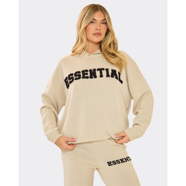 EGO Long Sleeve Fluffy Essential Logo Detail Oversized Hoodie In Stone Knit, Women's Size UK Medium M - 2