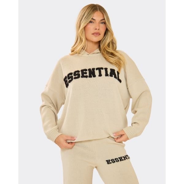 EGO Long Sleeve Fluffy Essential Logo Detail Oversized Hoodie In Stone Knit, Women's Size UK Medium M - 2