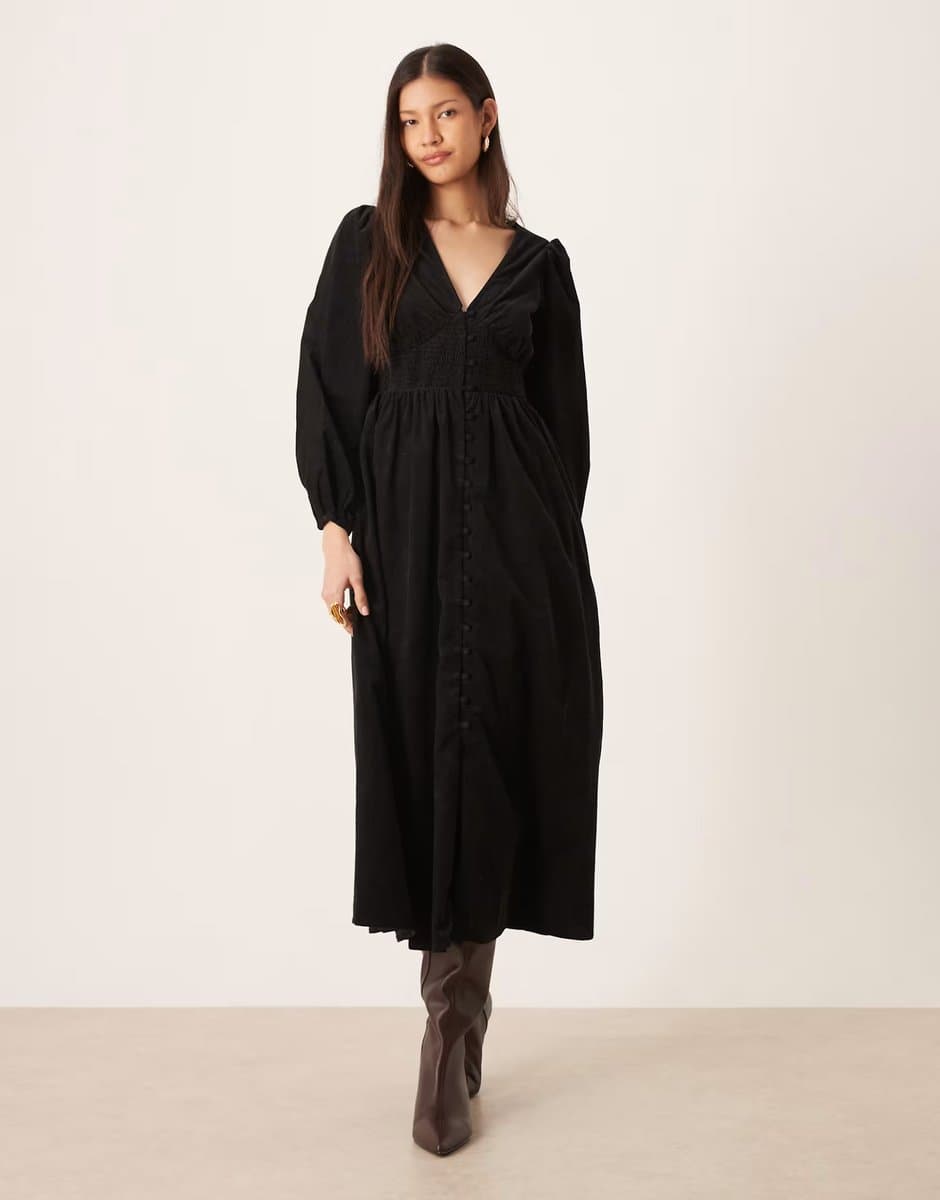 ASOS Nobody's Child Riley long sleeve cord midi dress in black