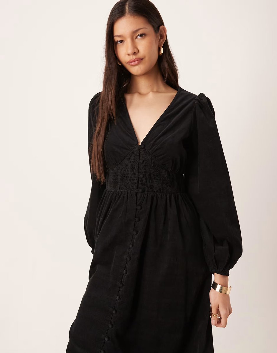 ASOS Nobody's Child Riley long sleeve cord midi dress in black - 4