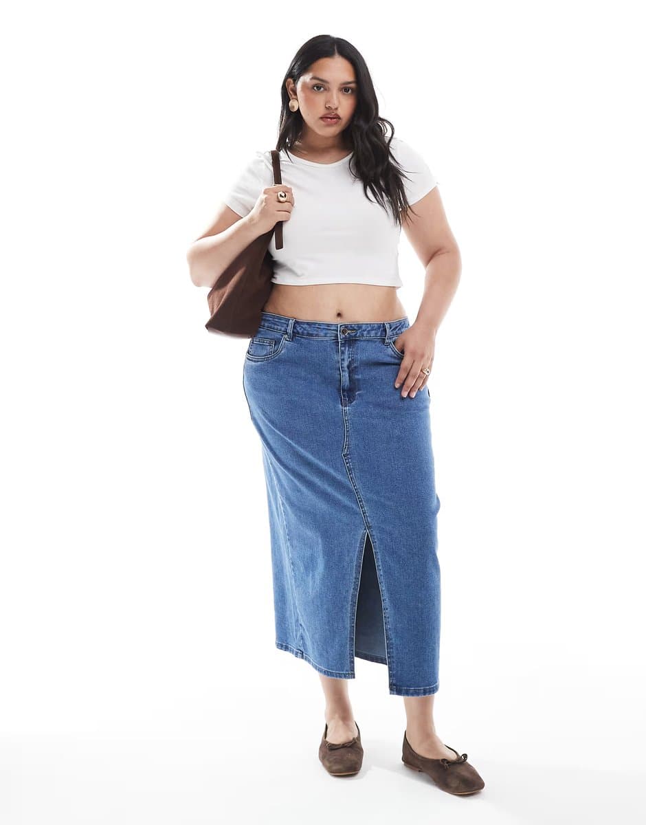ASOS ONLY Curve front slit denim midi skirt in mid blue