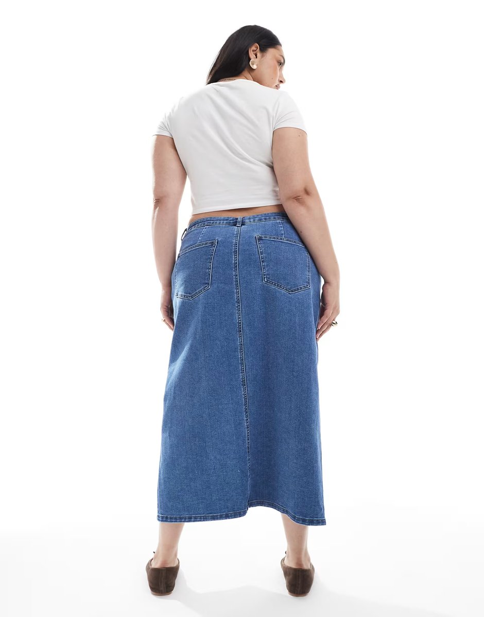 ASOS ONLY Curve front slit denim midi skirt in mid blue - 2