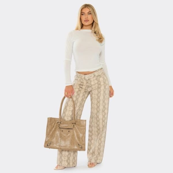 EGO Belted Wide Leg Jeans In Brown Snake Print Denim, Women's Size UK 6 - 1