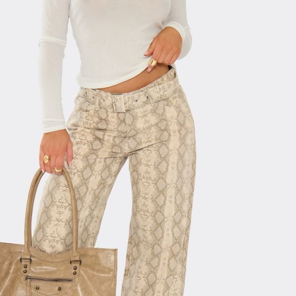 EGO Belted Wide Leg Jeans In Brown Snake Print Denim, Women's Size UK 6 - 2