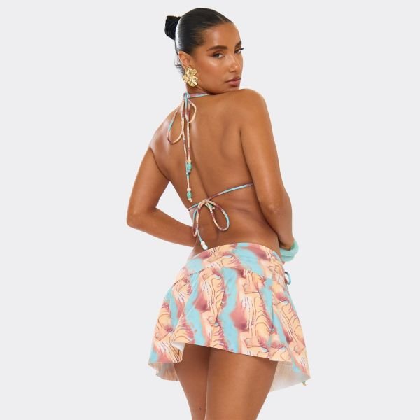 EGO Mid Rise Ruched Tie Front Detail Mini Skirt In Multi Abstract Print, Women's Size UK 6 - 2