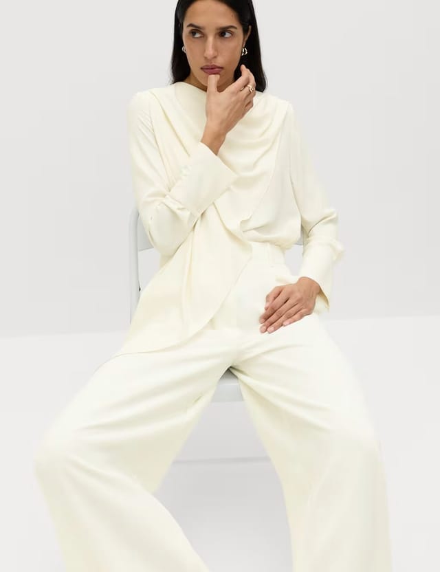 Marks & Spencer M&S Single Pleat Wide Leg Trousers Ivory - 3