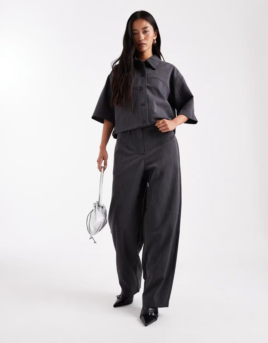 ASOS Object high waist wide leg trouser co-ord in dark grey melange