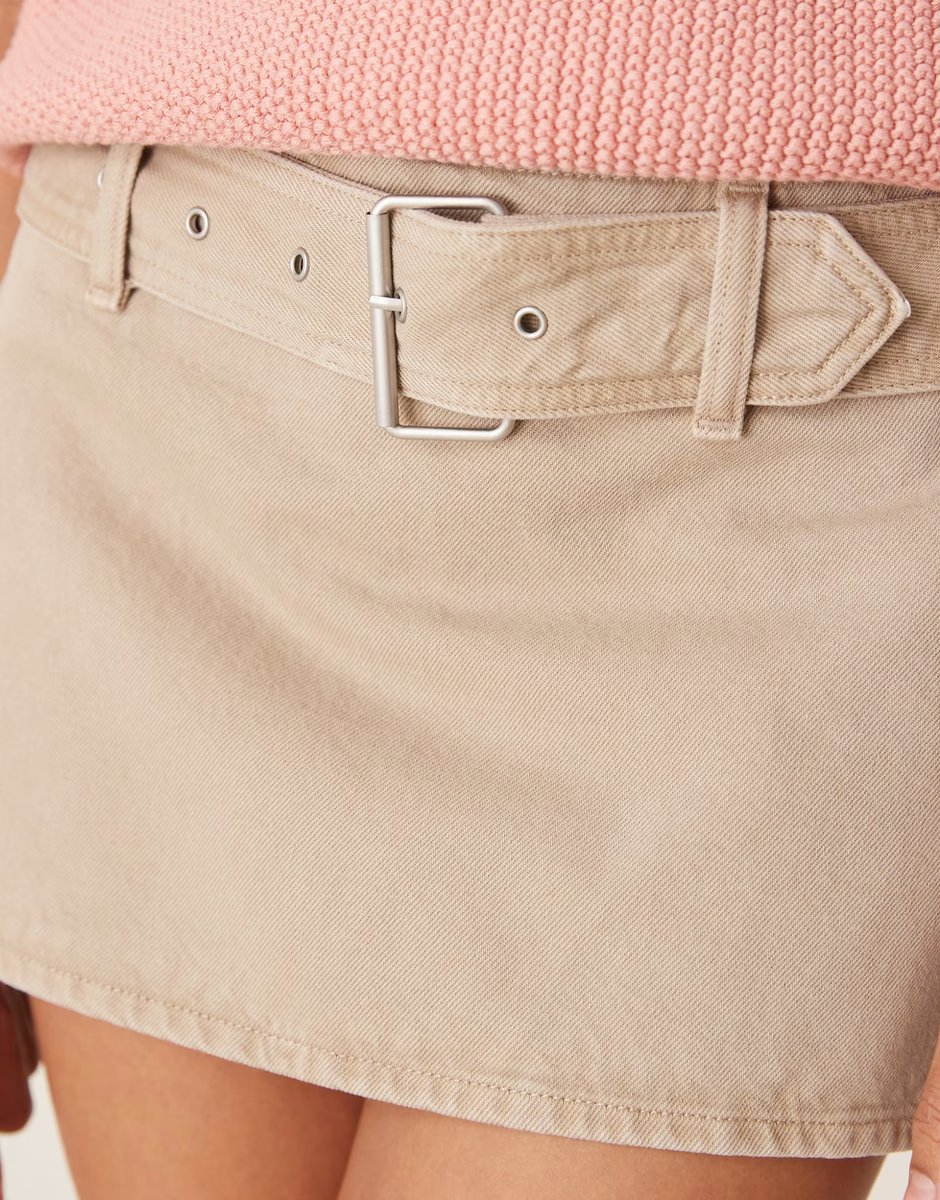 ASOS Abercrombie & Fitch belted denim mini skort in beige - 2
