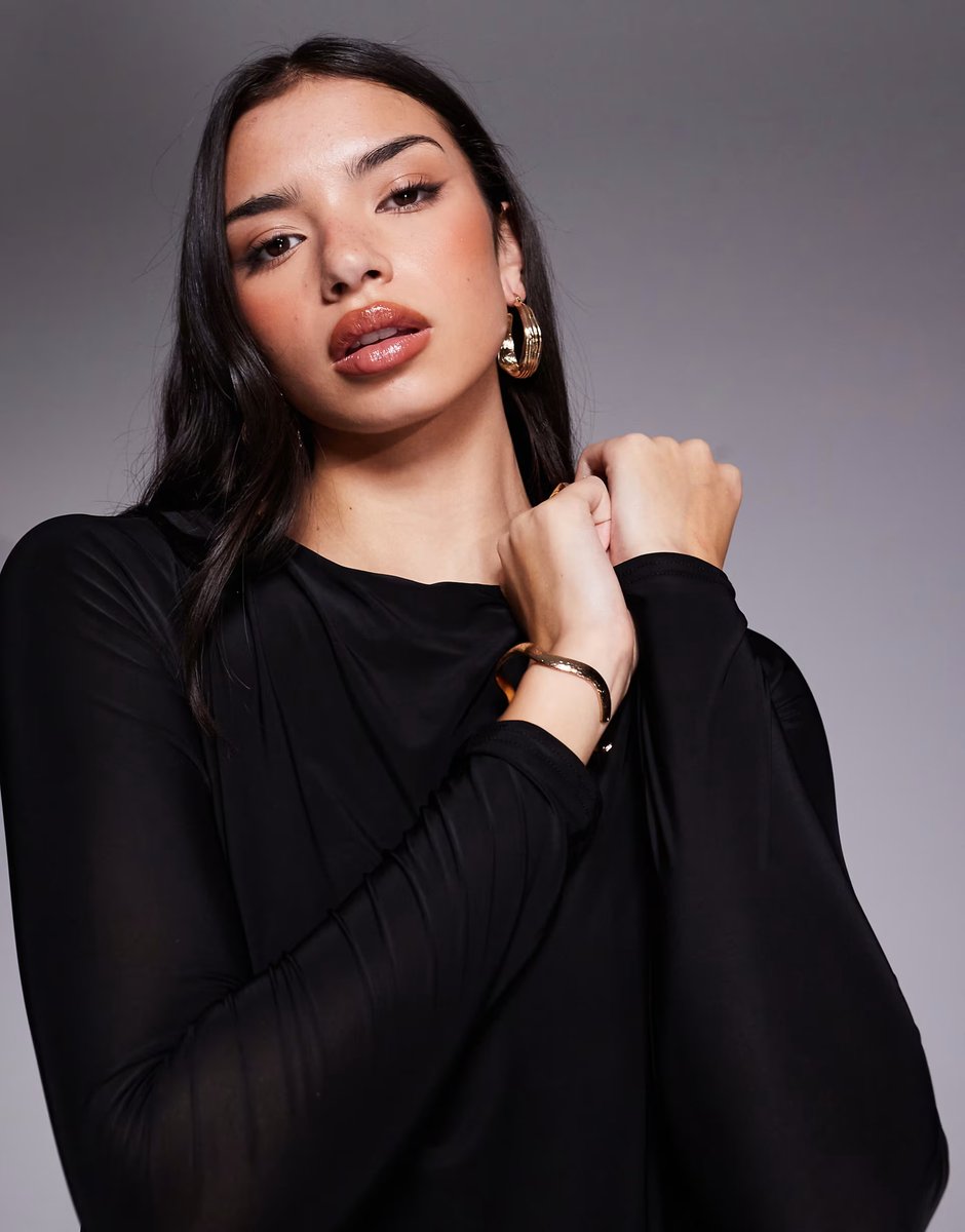 ASOS Fashionkilla exclusive double sculpted slinky long sleeve fold over waist detail open tie back mini dress in black - 3