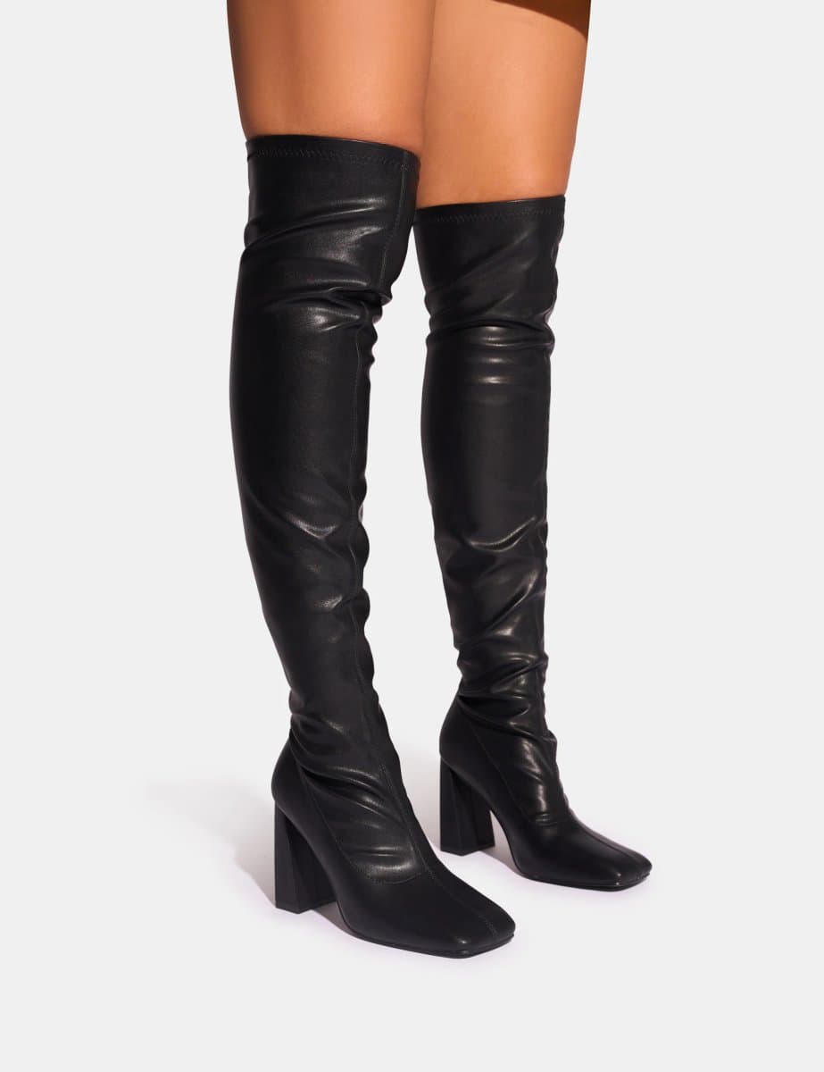 Public Desire Showoff Black Pu Block Heel Over the Knee Boot