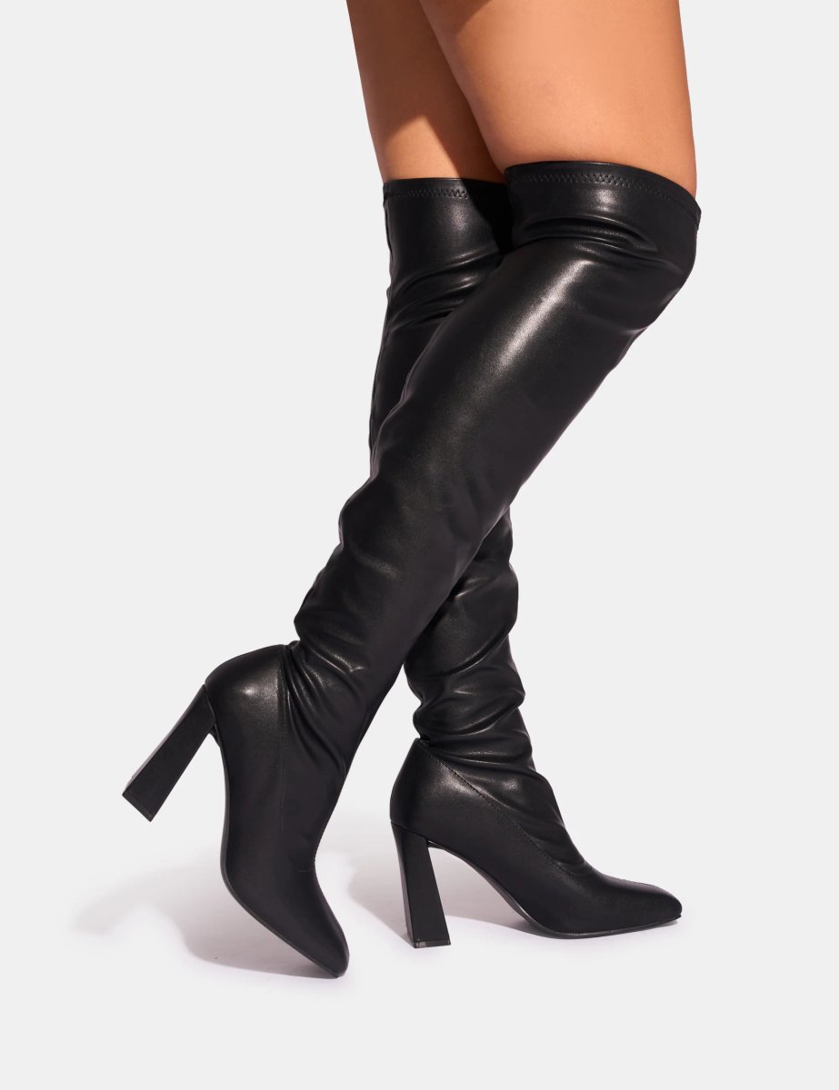 Public Desire Showoff Black Pu Block Heel Over the Knee Boot - 2