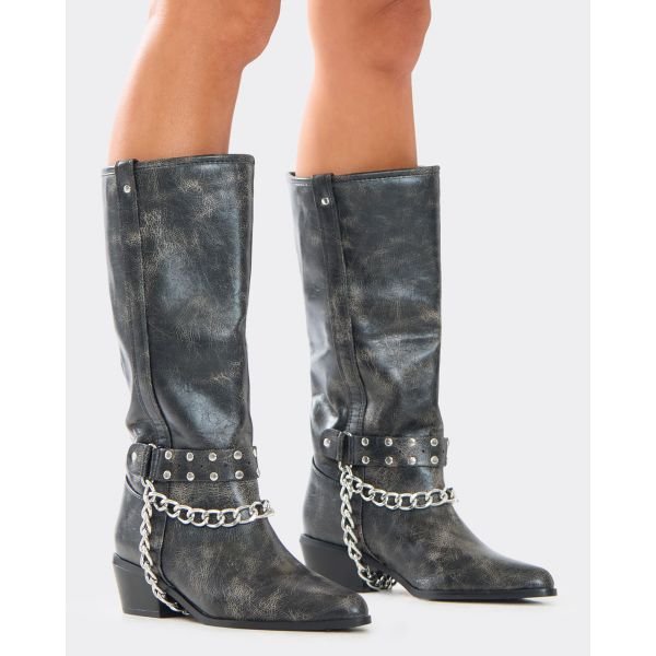 EGO Toast-To-You Chain Detail Knee High Long Boot In Black Acid Faux Leather, Women's Size UK 3 - 2