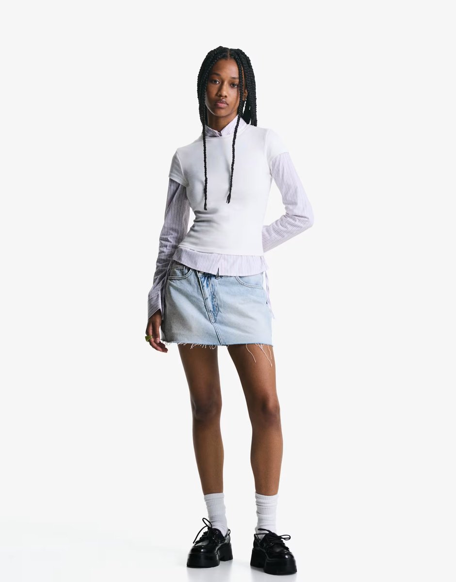 ASOS Bershka denim mini skort in mid blue - 2